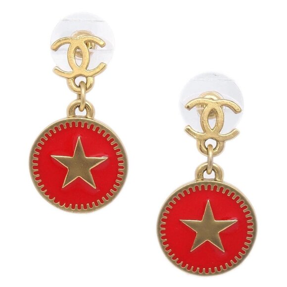 Chanel Button Star Dangle Piercing Earrings Gold Red - Picture 2 of 9
